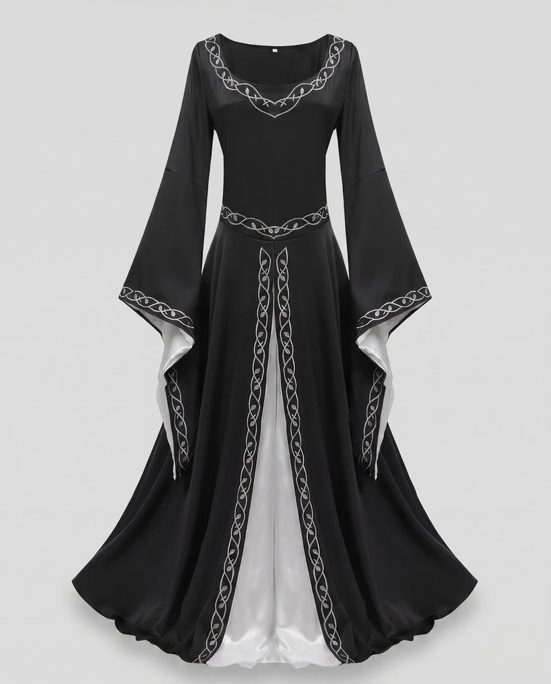 Elegantes, bodenlanges Kleid für Damen mit weiten Ärmeln und aufwendigen Verzierungen Drune
