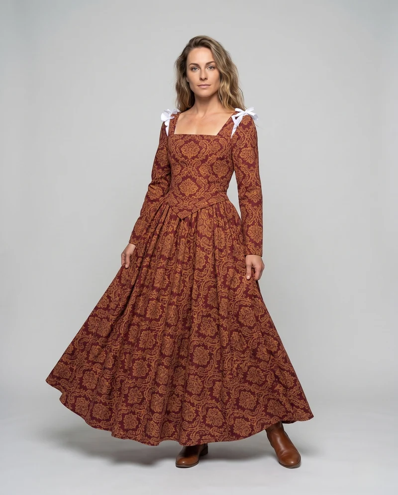 Damen Elegantes Maxikleid mit Barockmuster und langen Ärmeln Drune