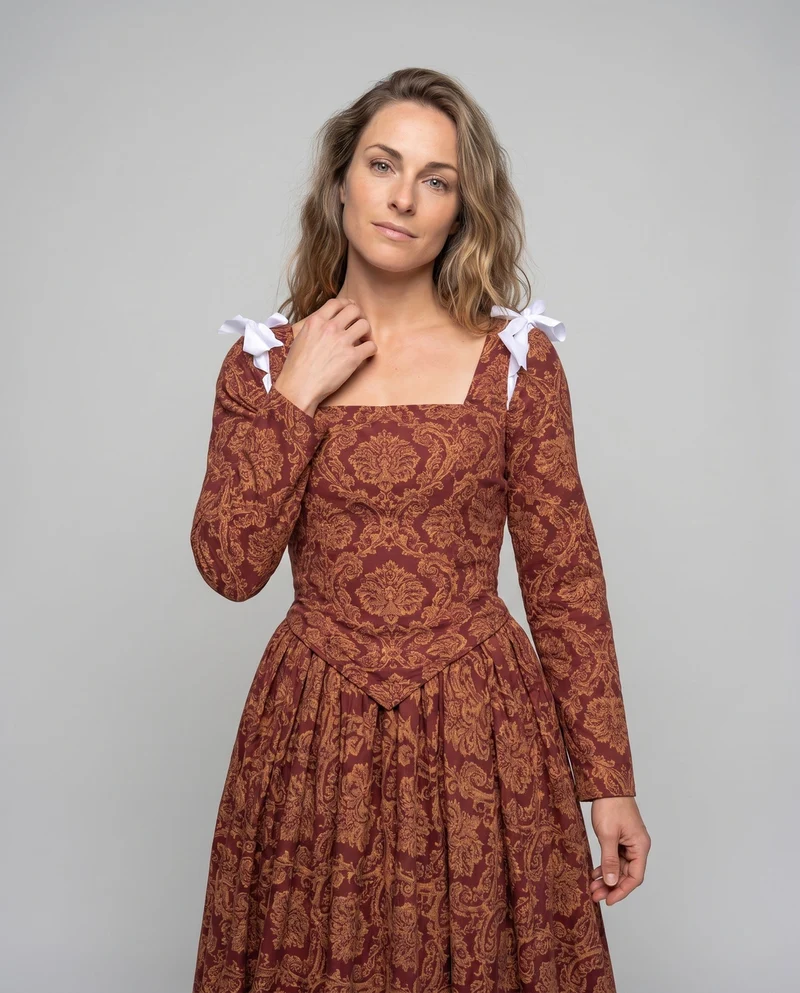 Damen Elegantes Maxikleid mit Barockmuster und langen Ärmeln Drune
