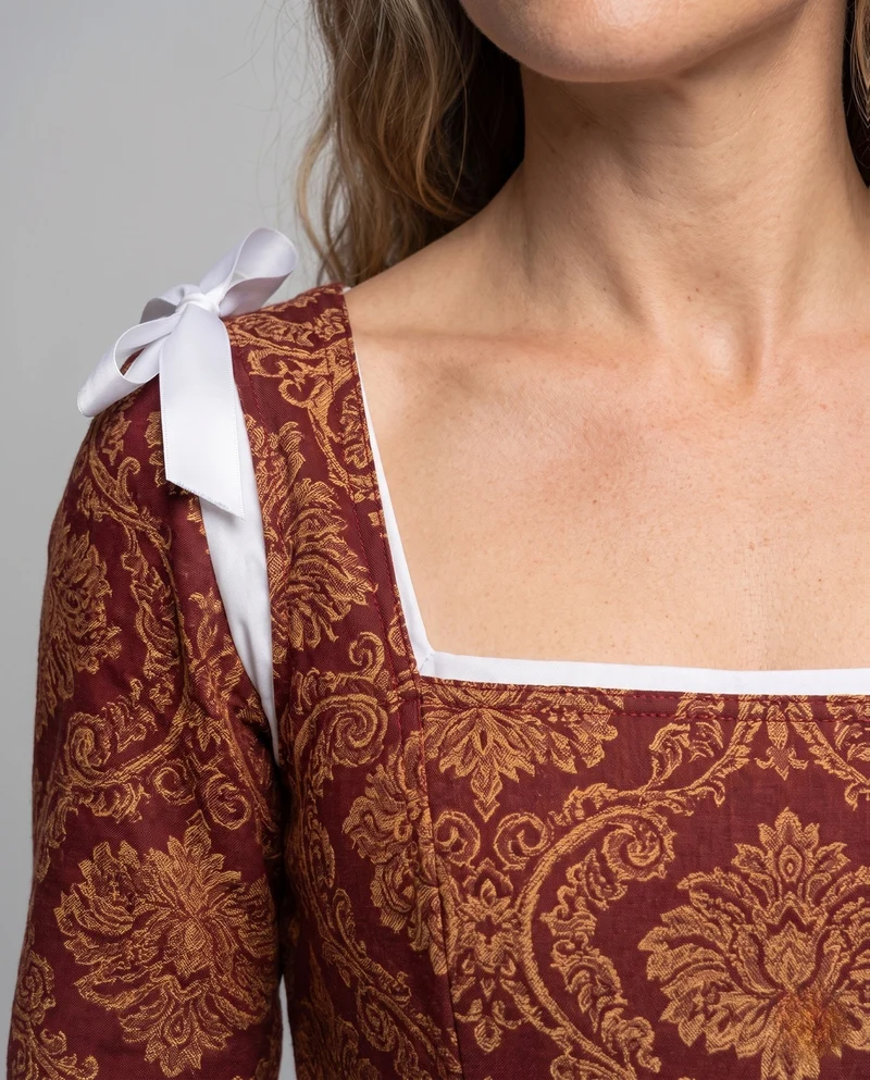 Damen Elegantes Maxikleid mit Barockmuster und langen Ärmeln Drune