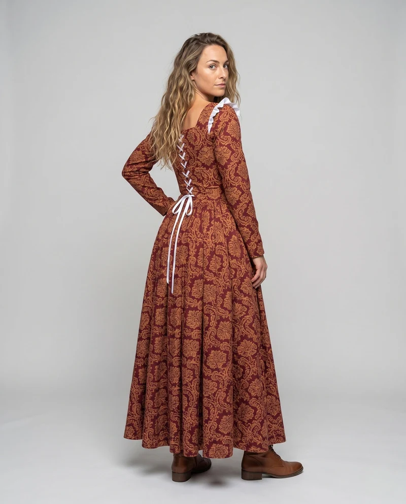 Damen Elegantes Maxikleid mit Barockmuster und langen Ärmeln Drune