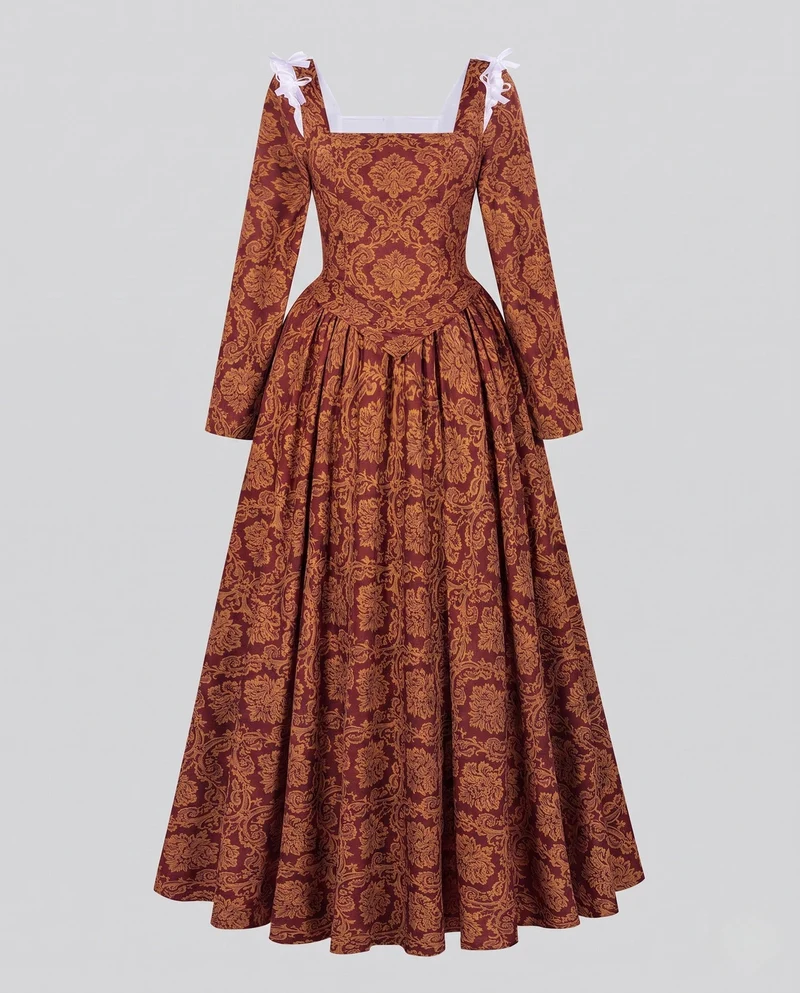 Damen Elegantes Maxikleid mit Barockmuster und langen Ärmeln Drune