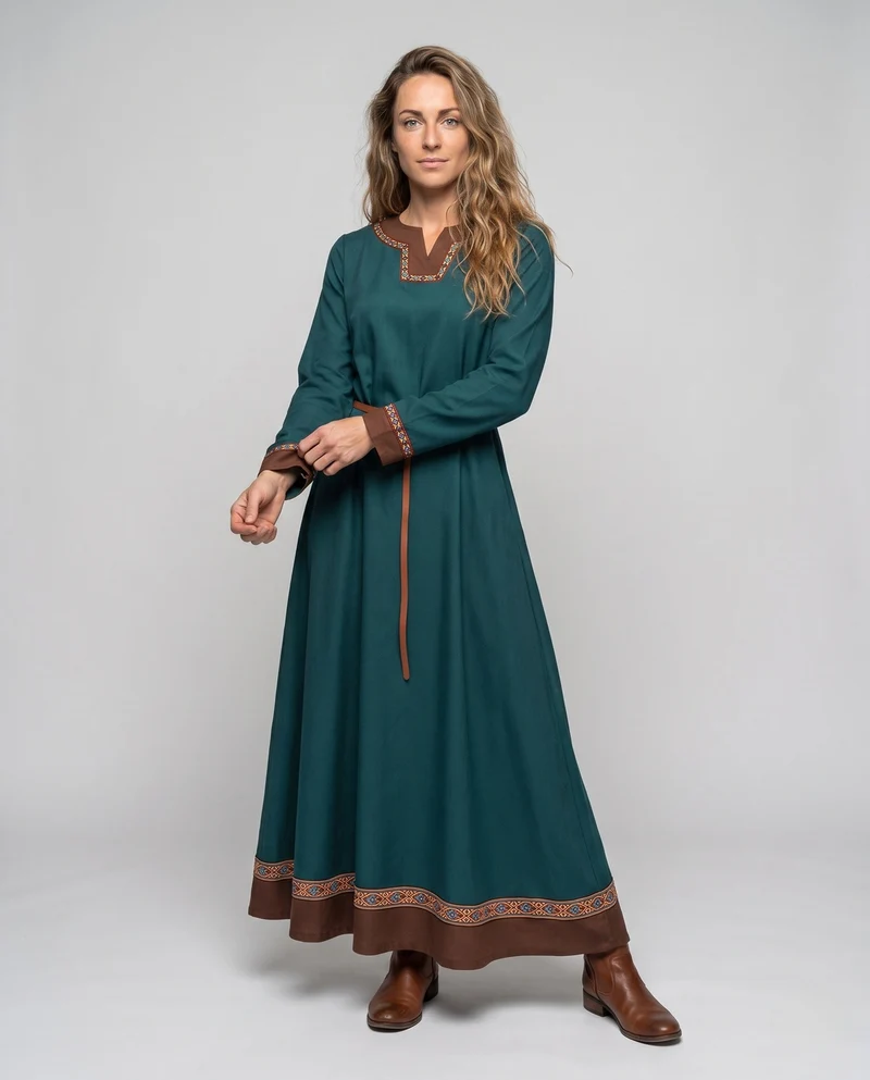 Damen elegantes Maxikleid mit ethnischen Verzierungen und Bindegürtel Drune