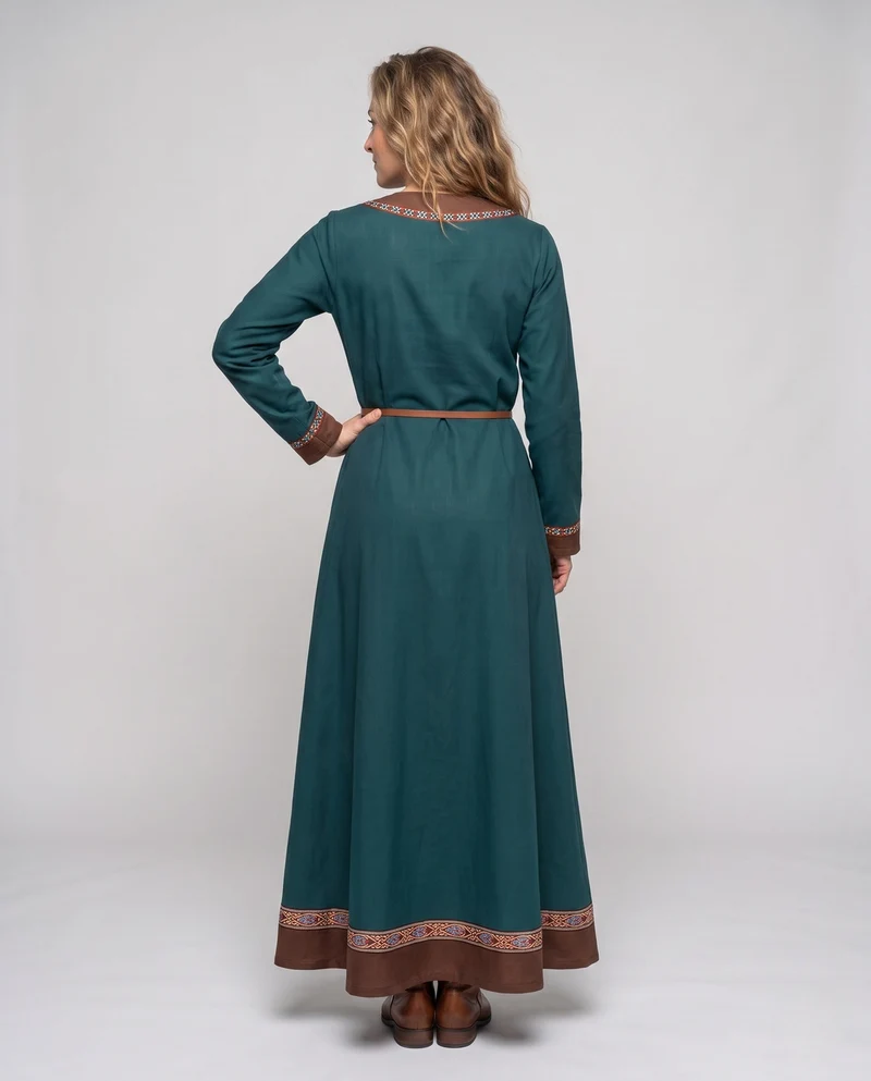 Damen elegantes Maxikleid mit ethnischen Verzierungen und Bindegürtel Drune