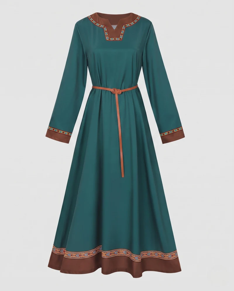 Damen elegantes Maxikleid mit ethnischen Verzierungen und Bindegürtel Drune