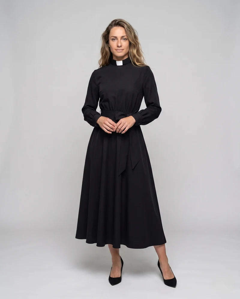 Damen elegantes Maxikleid mit hohem Kragen und tailliertem Gürtel Drune