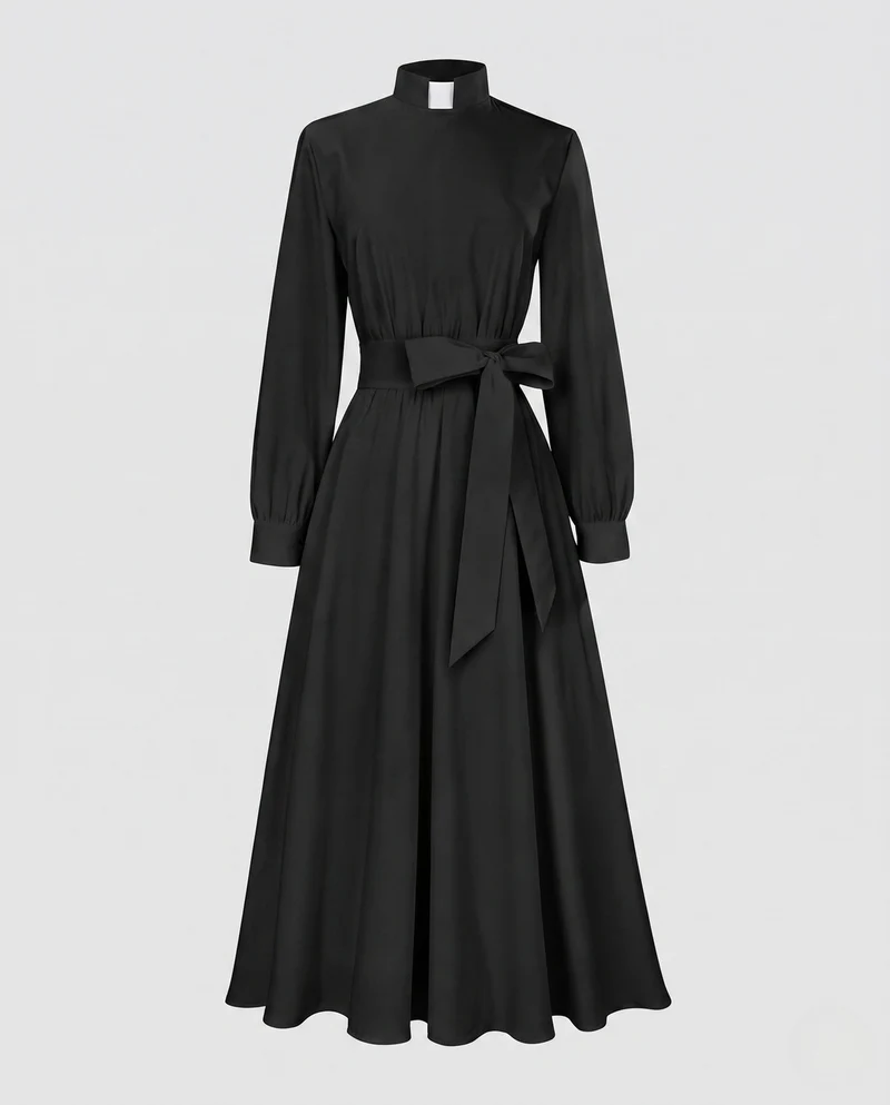 Damen elegantes Maxikleid mit hohem Kragen und tailliertem Gürtel Drune