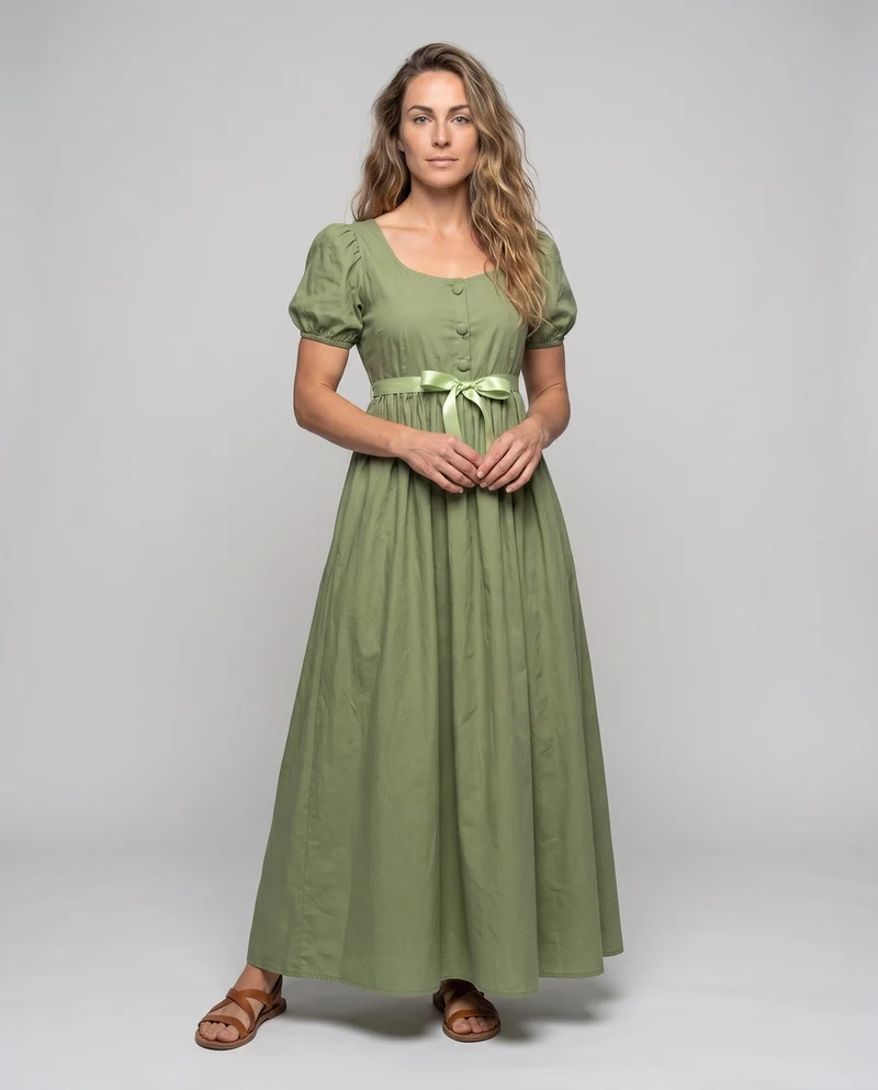 Frauen elegantes Maxi-Kleid mit Puffärmeln und passendem Gürtel Drune
