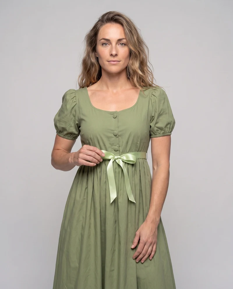 Frauen elegantes Maxi-Kleid mit Puffärmeln und passendem Gürtel Drune