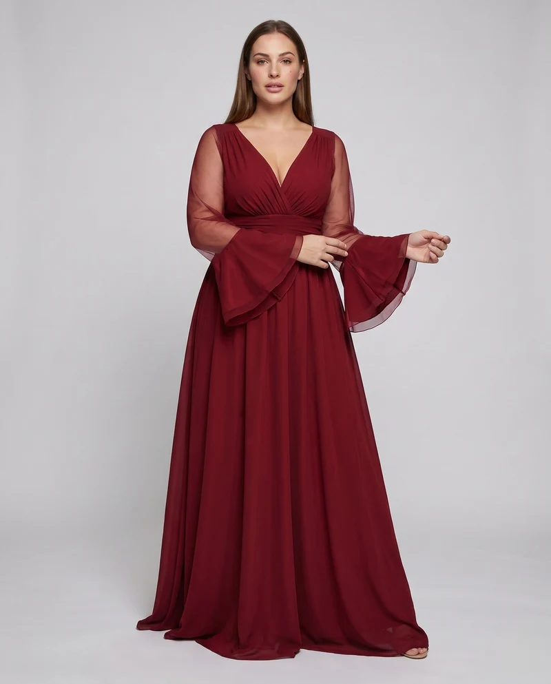 Frauen Elegante Maxikleid mit transparentem Ärmel Design und tiefem V-Ausschnitt Drune
