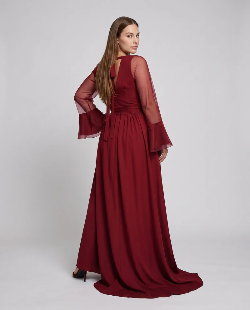 Frauen Elegante Maxikleid mit transparentem Ärmel Design und tiefem V-Ausschnitt Drune