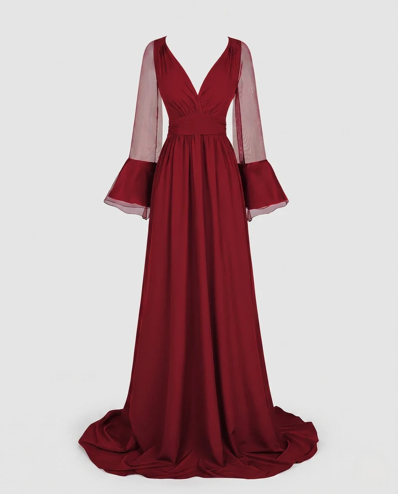 Frauen Elegante Maxikleid mit transparentem Ärmel Design und tiefem V-Ausschnitt Drune