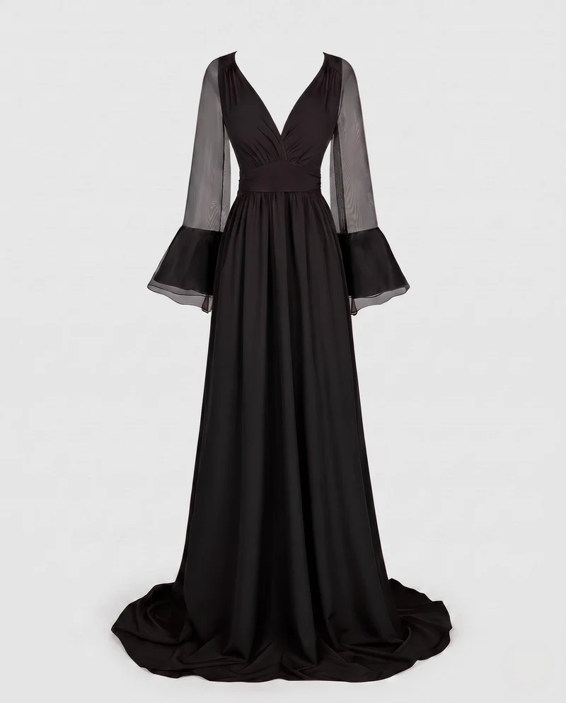 Frauen Elegante Maxikleid mit transparentem Ärmel Design und tiefem V-Ausschnitt Drune