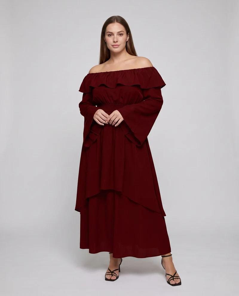 Damen elegantes Maxikleid mit weitem Ausschnitt und fließenden Ärmeln Drune