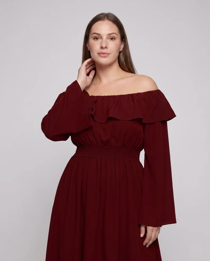 Damen elegantes Maxikleid mit weitem Ausschnitt und fließenden Ärmeln Drune