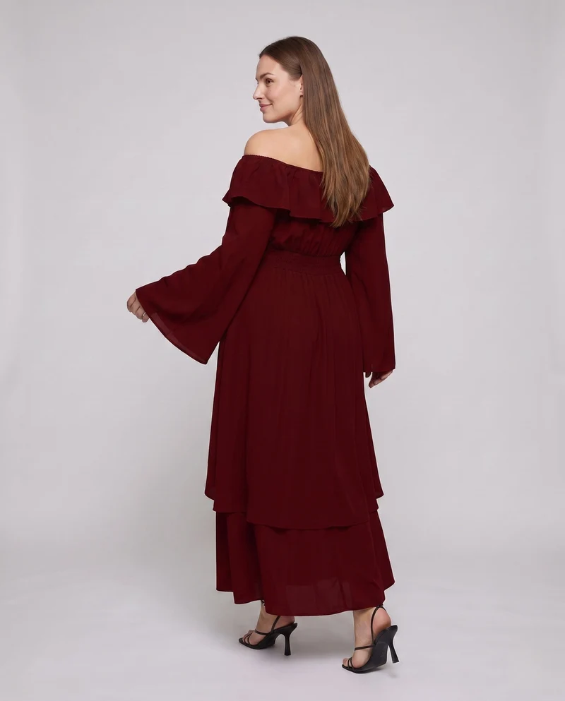 Damen elegantes Maxikleid mit weitem Ausschnitt und fließenden Ärmeln Drune
