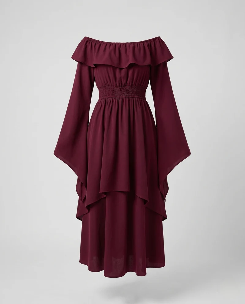 Damen elegantes Maxikleid mit weitem Ausschnitt und fließenden Ärmeln Drune