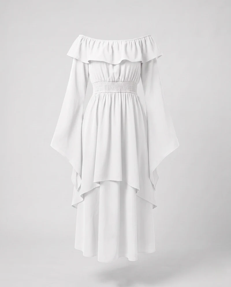 Damen elegantes Maxikleid mit weitem Ausschnitt und fließenden Ärmeln Drune