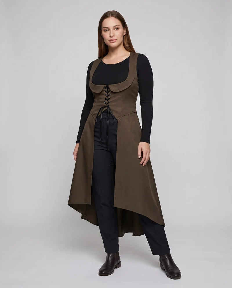 Frauen elegantes Midikleid mit raffiniertem Schnürdetail und fließendem Schnitt Drune