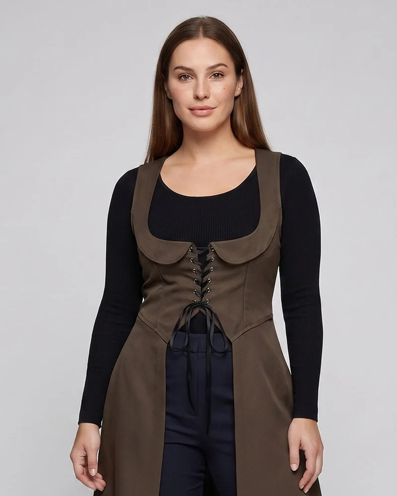 Frauen elegantes Midikleid mit raffiniertem Schnürdetail und fließendem Schnitt Drune