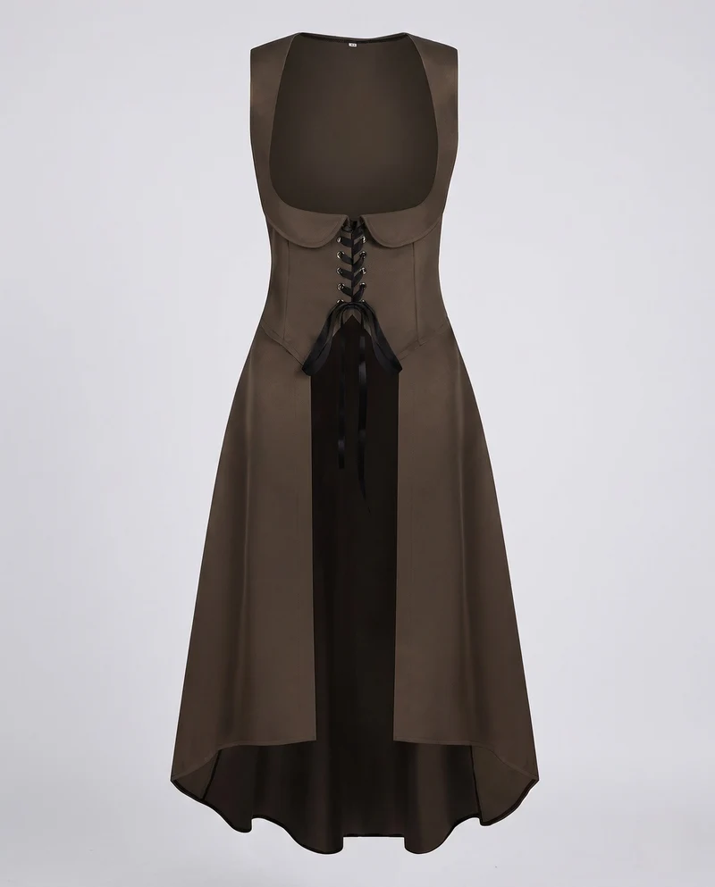 Frauen elegantes Midikleid mit raffiniertem Schnürdetail und fließendem Schnitt Drune
