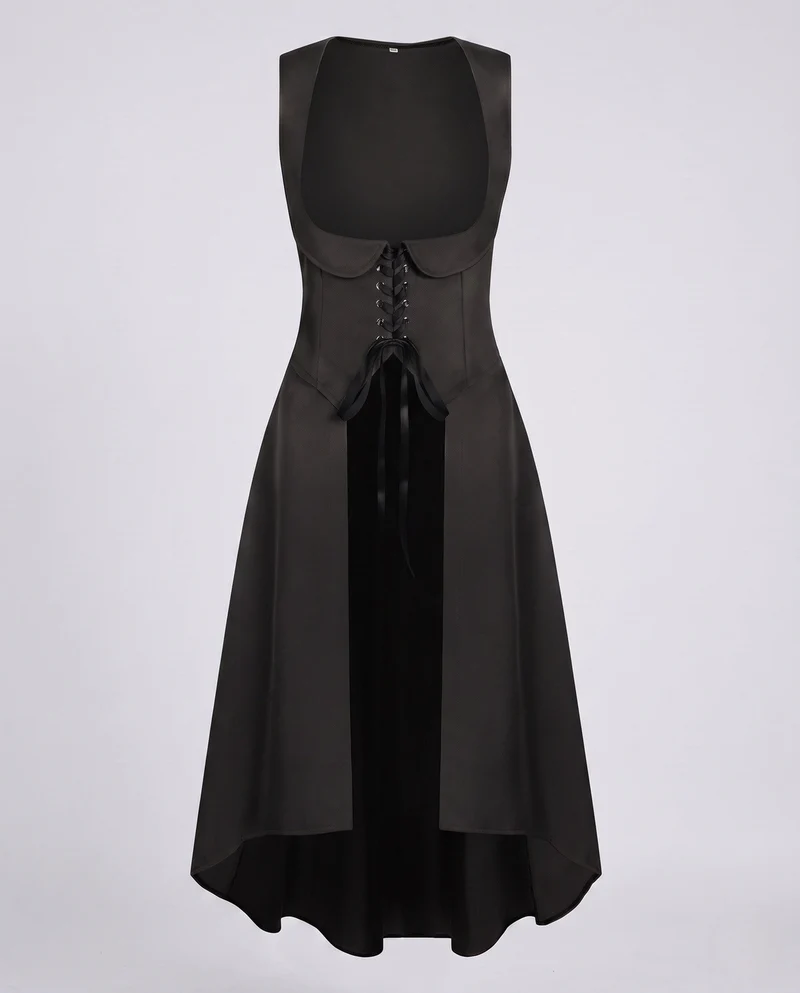 Frauen elegantes Midikleid mit raffiniertem Schnürdetail und fließendem Schnitt Drune