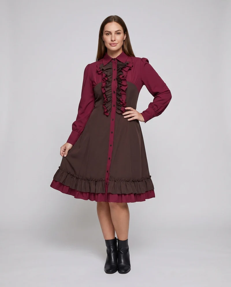 Damen elegantes Rüschenkleid mit schwingendem Rock Drune
