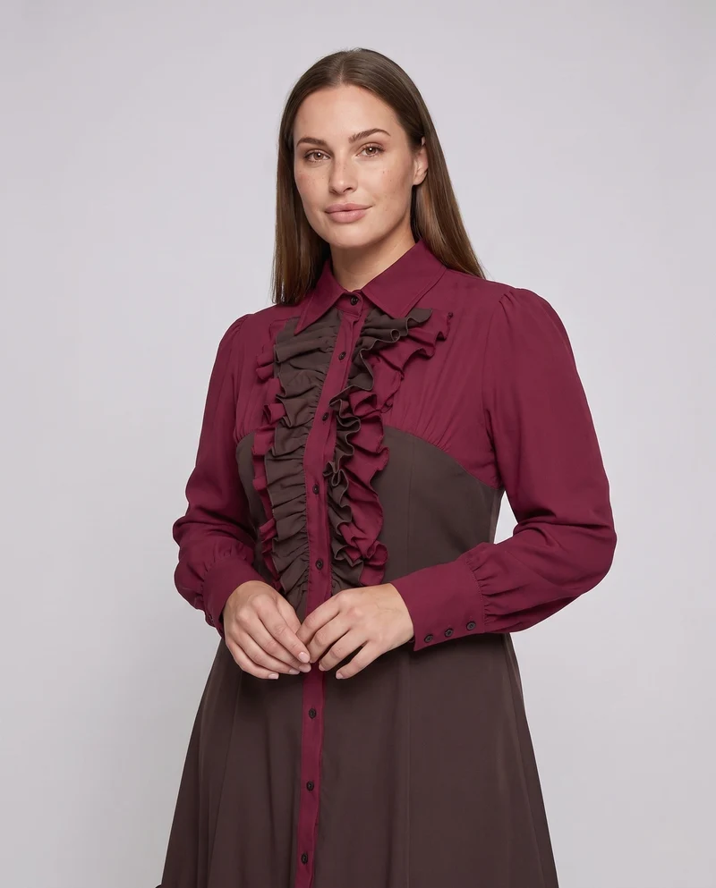 Damen elegantes Rüschenkleid mit schwingendem Rock Drune