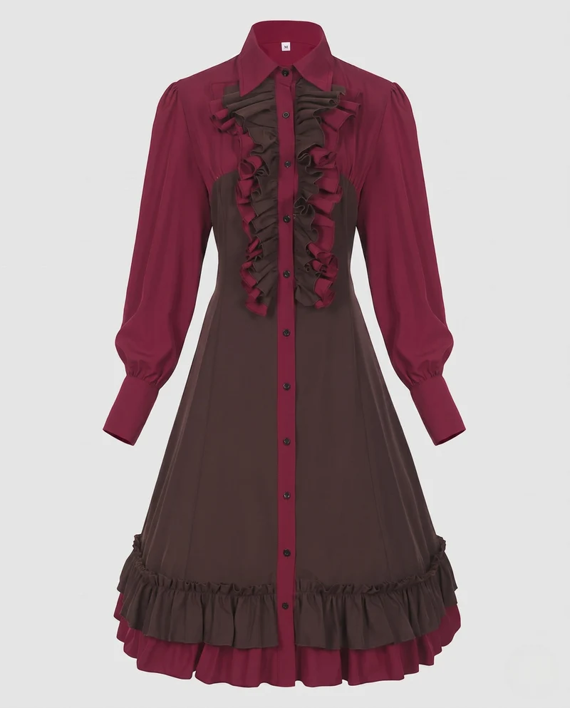 Damen elegantes Rüschenkleid mit schwingendem Rock Drune