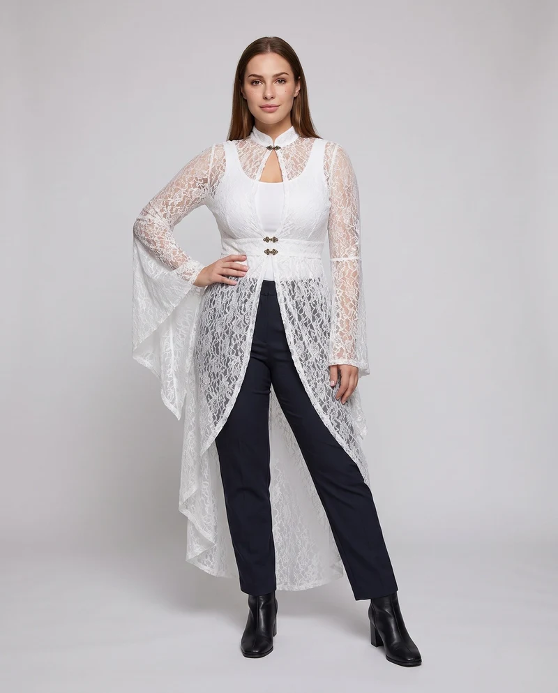 Damen Elegantes Spitze Kleid mit Flügelärmeln und Künstlerischem Rückenausschnitt Drune