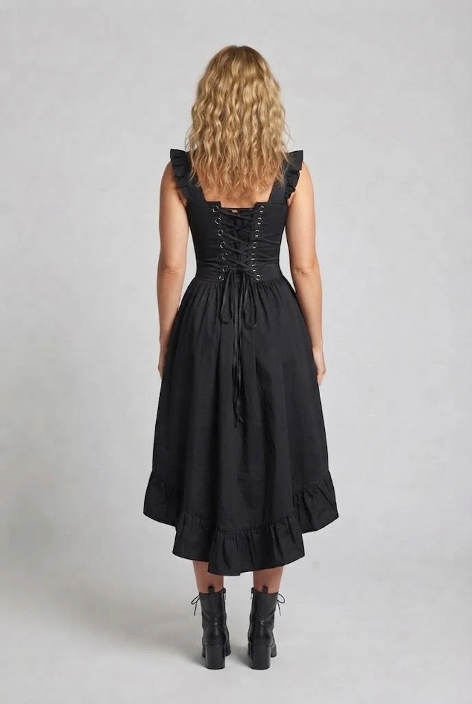 Frauen Elegantes Vintage Kleid mit Rüschen und Schnürung Drune