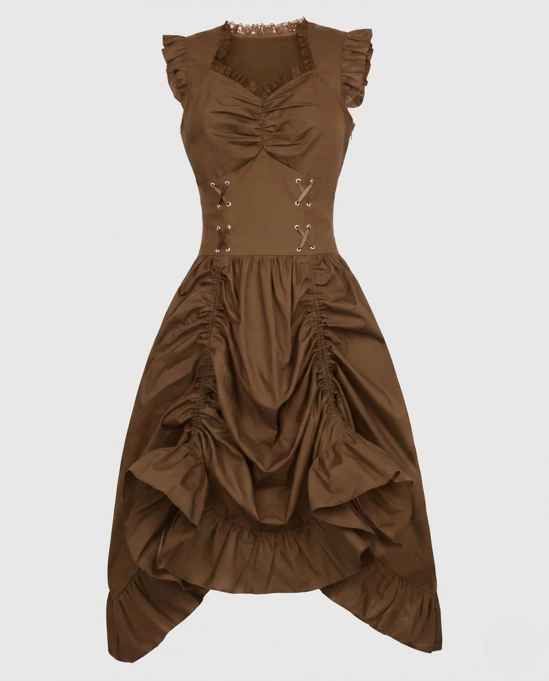 Frauen Elegantes Vintage Kleid mit Rüschen und Schnürung Drune
