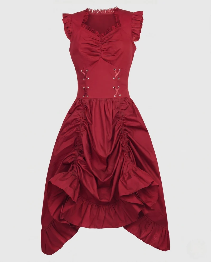 Frauen Elegantes Vintage Kleid mit Rüschen und Schnürung Drune