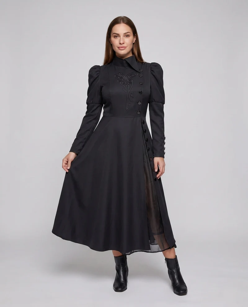Damen elegante Vintage-Midi-Kleid mit innovativem Schnitt und aufwendigen Puffärmeln Drune