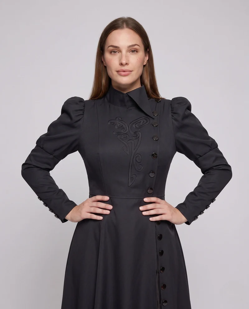Damen elegante Vintage-Midi-Kleid mit innovativem Schnitt und aufwendigen Puffärmeln Drune