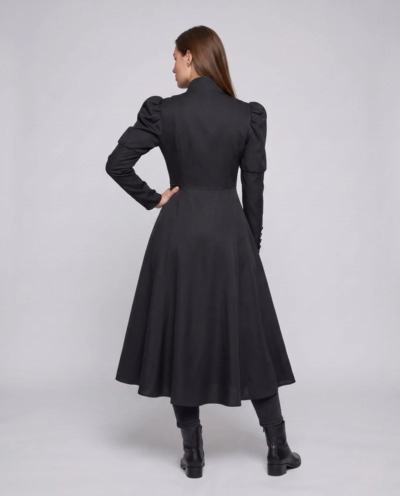 Damen elegante Vintage-Midi-Kleid mit innovativem Schnitt und aufwendigen Puffärmeln Drune