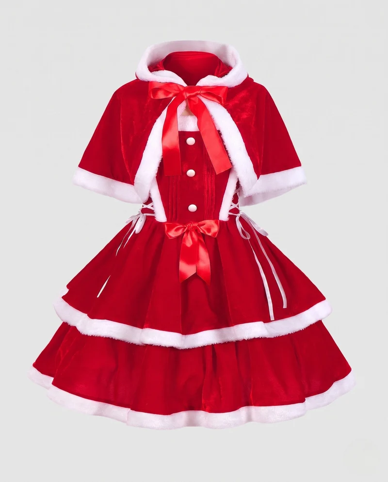 Damen festliches Weihnachtskleid mit Kapuze und Rüschendetails Drune