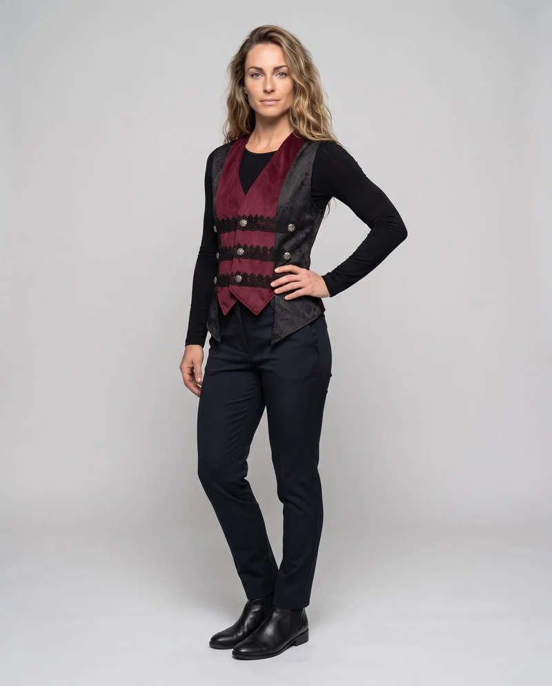 Damen historische gesteppte Jacke mit kunstvollen Knöpfen und elegantem Umhang Drune