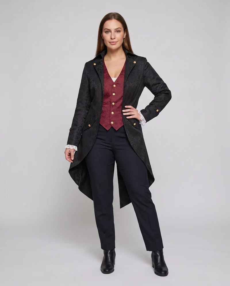 Damen historische Frockcoat mit detaillierten goldenen Verzierungen Drune