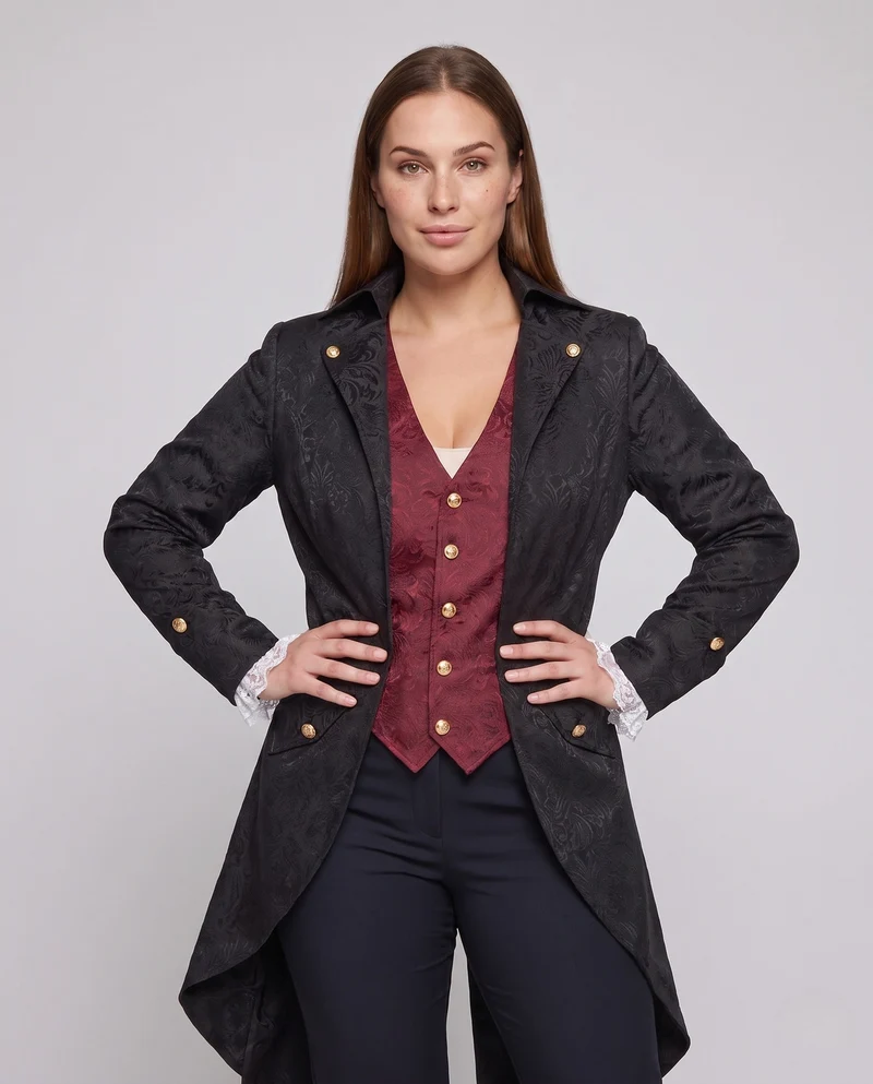 Damen historische Frockcoat mit detaillierten goldenen Verzierungen Drune