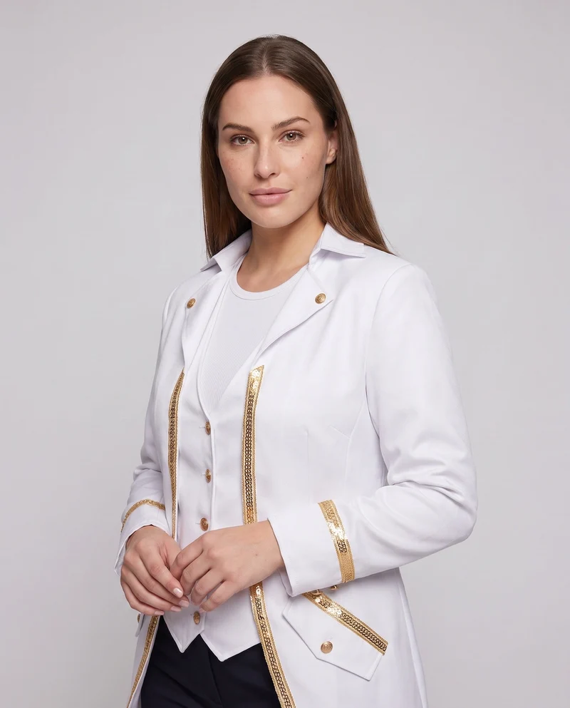 Frauen historische Frack mit goldenen Akzenten und elegantem Schnitt Drune