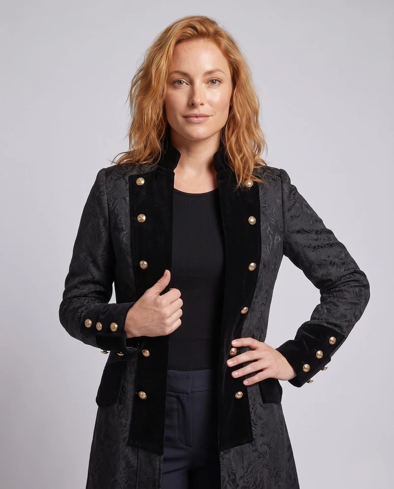 Damen historische Frack mit aufwändigen Verzierungen und eleganten Knopfdetails Drune