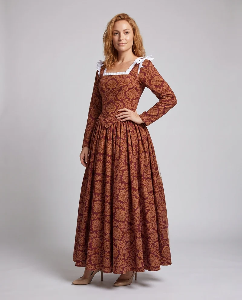 Damen historische Ballkleid mit fließendem Rock und eleganten Spitzenärmeln Drune