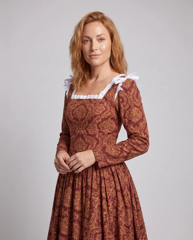 Damen historische Ballkleid mit fließendem Rock und eleganten Spitzenärmeln Drune