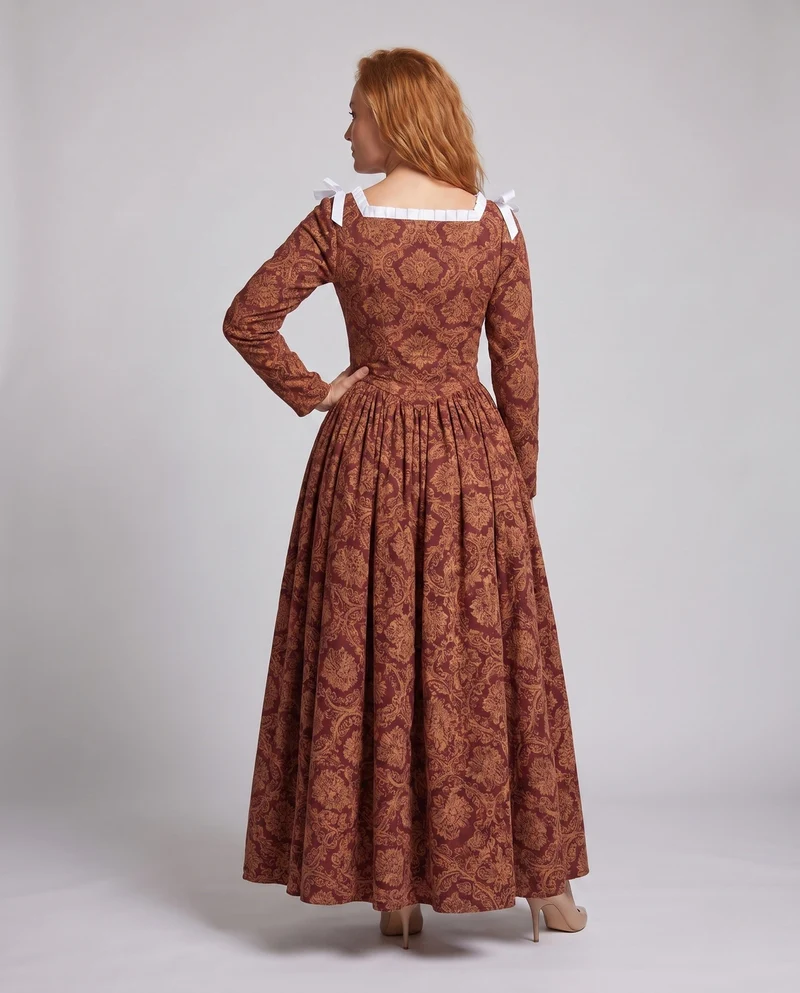 Damen historische Ballkleid mit fließendem Rock und eleganten Spitzenärmeln Drune