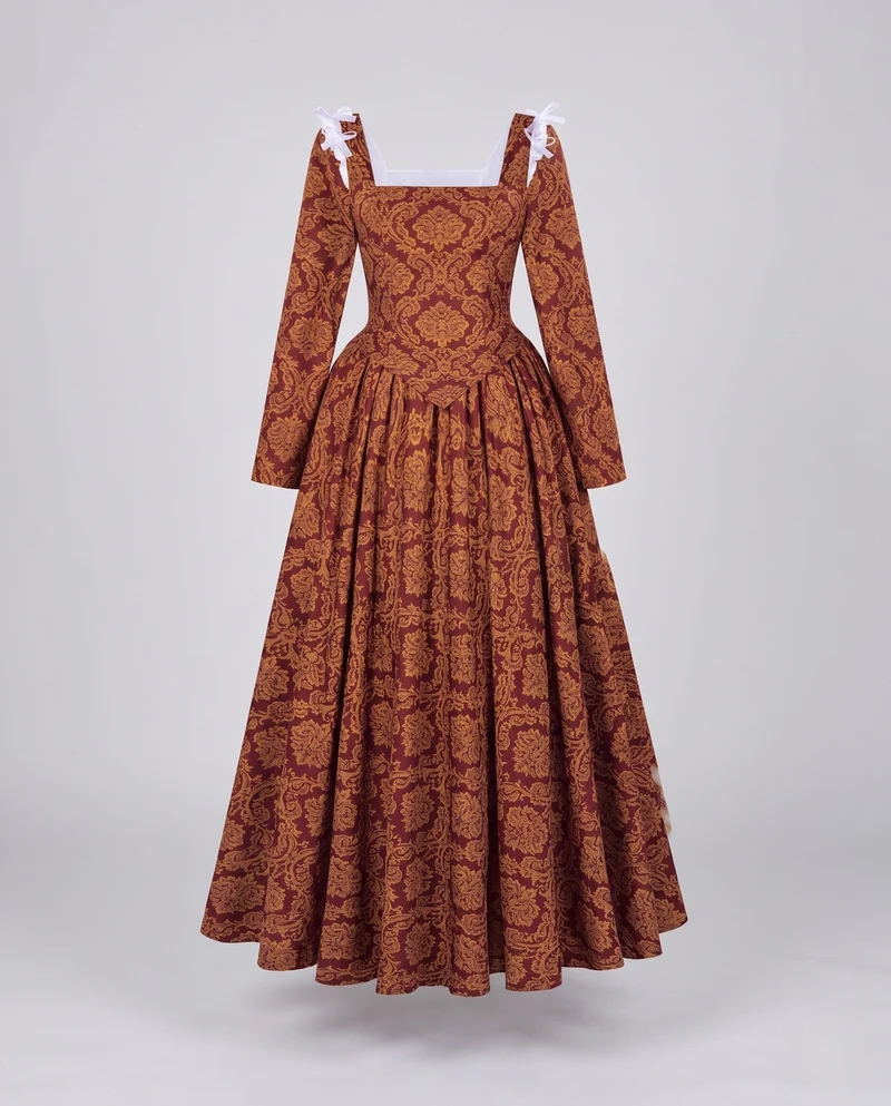 Damen historische Ballkleid mit fließendem Rock und eleganten Spitzenärmeln Drune
