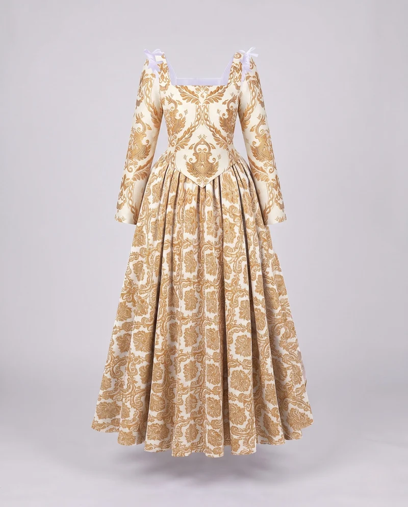 Damen historische Ballkleid mit fließendem Rock und eleganten Spitzenärmeln Drune