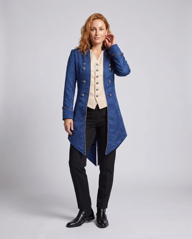 Damen historische Frackkleid mit eleganten Verzierungen und passendem Fliegenband Drune