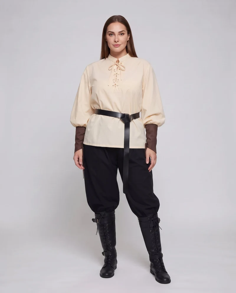 Damenhistorisches Kostümset mit eleganter geflochtener Bluse und weiten Hosen Drune