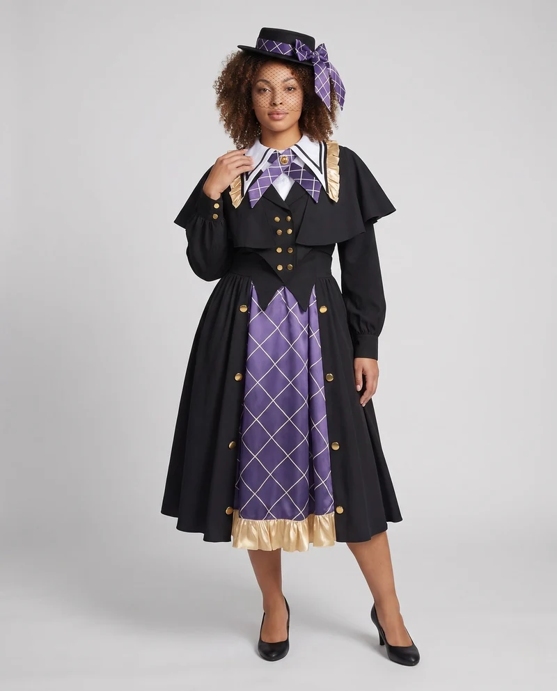 Damenkostümkleid mit historisch inspirierten Elementen und eleganten Accessoires Drune
